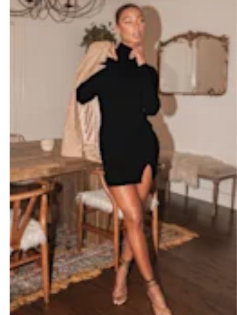 Zara Black Turtleneck Long-Sleeve Mini Dress with Front Slit
